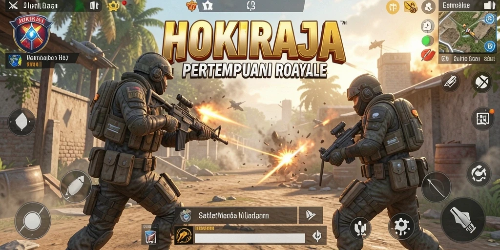 Screenshot HOKIRAJA menampilkan aksi pertempuran mendebarkan di arena.