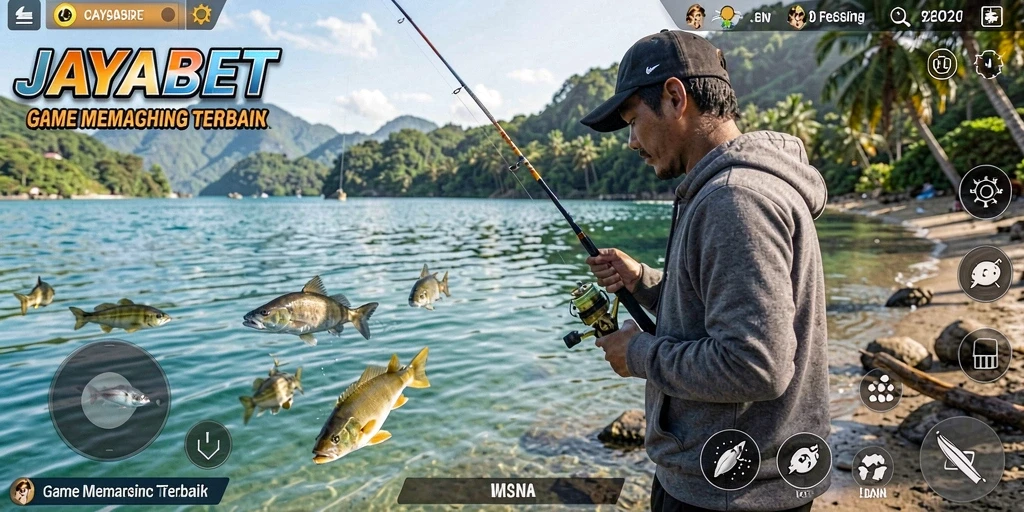Screenshot yang menunjukkan aksi seru dalam JAYABET saat memancing ikan.