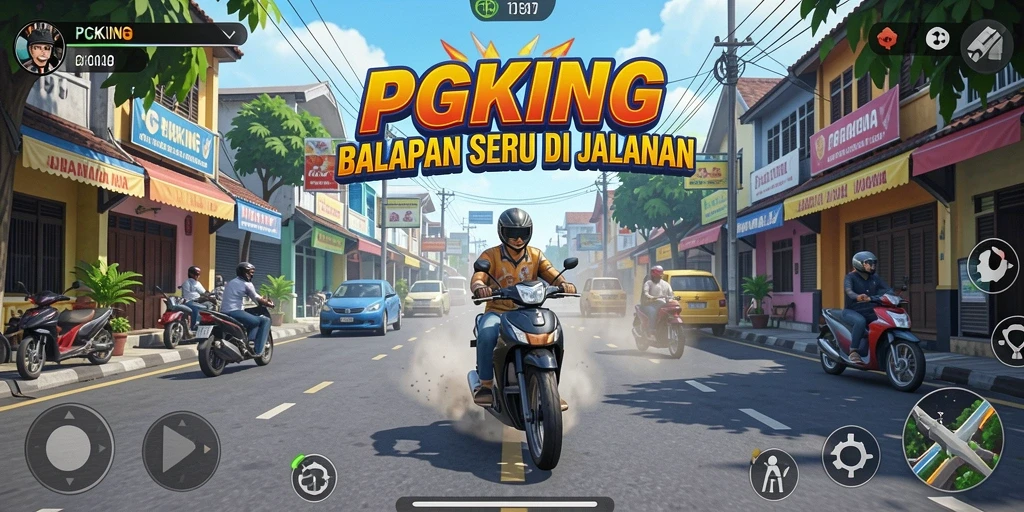 Tampilan gameplay PGKING dengan mobil balap yang melesat di jalan.