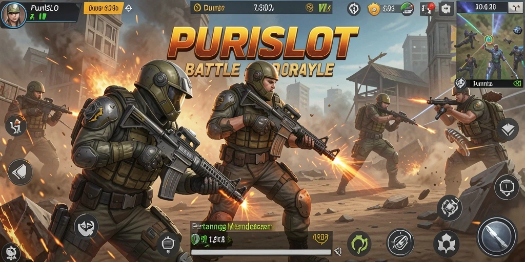 Tampilan aksi seru dalam gameplay PURISLOT menunjukkan keseruan Battle Royale.