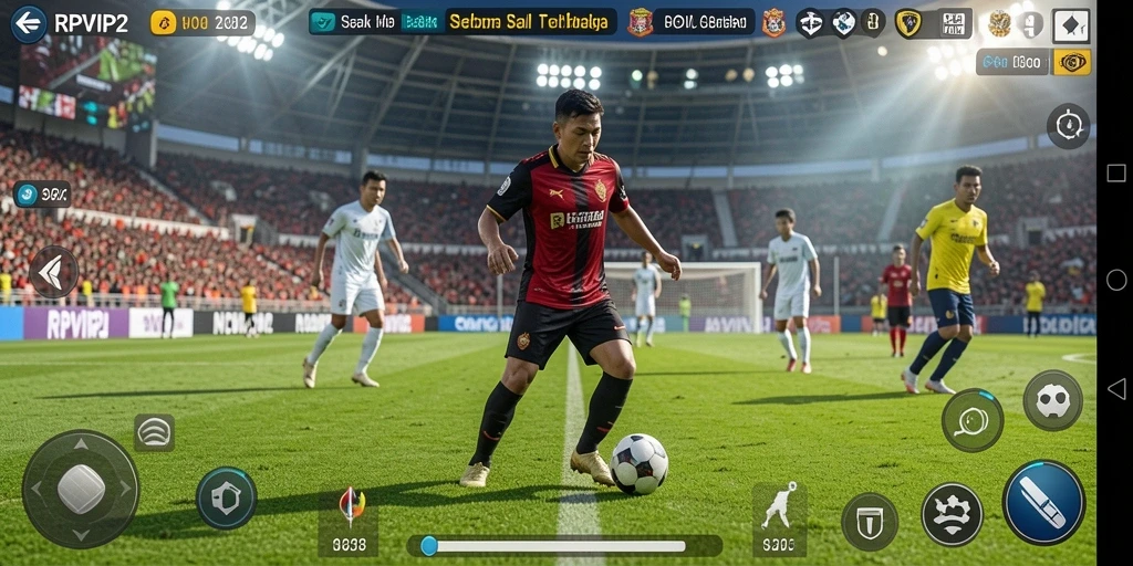 Tampilan utama gameplay RPVIP2 yang menampilkan aksi sepak bola yang intens.